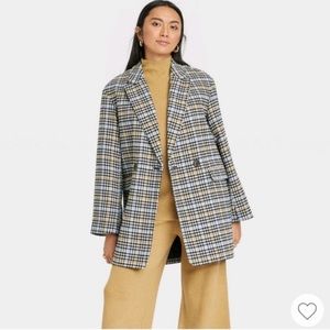 Blue and Yellow Houndstooth Overcoat Trench Coat